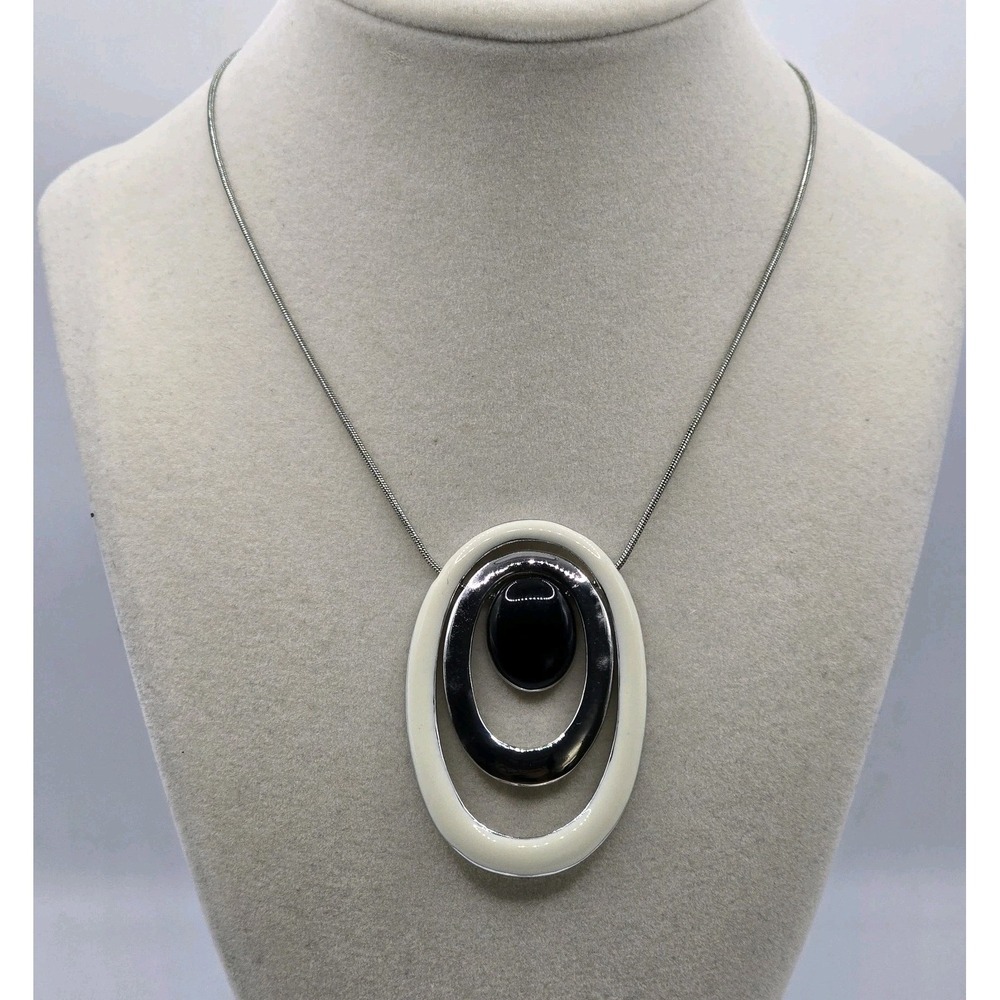 Modern Statement Pendant Necklace Large Oval Black White Silver Tone